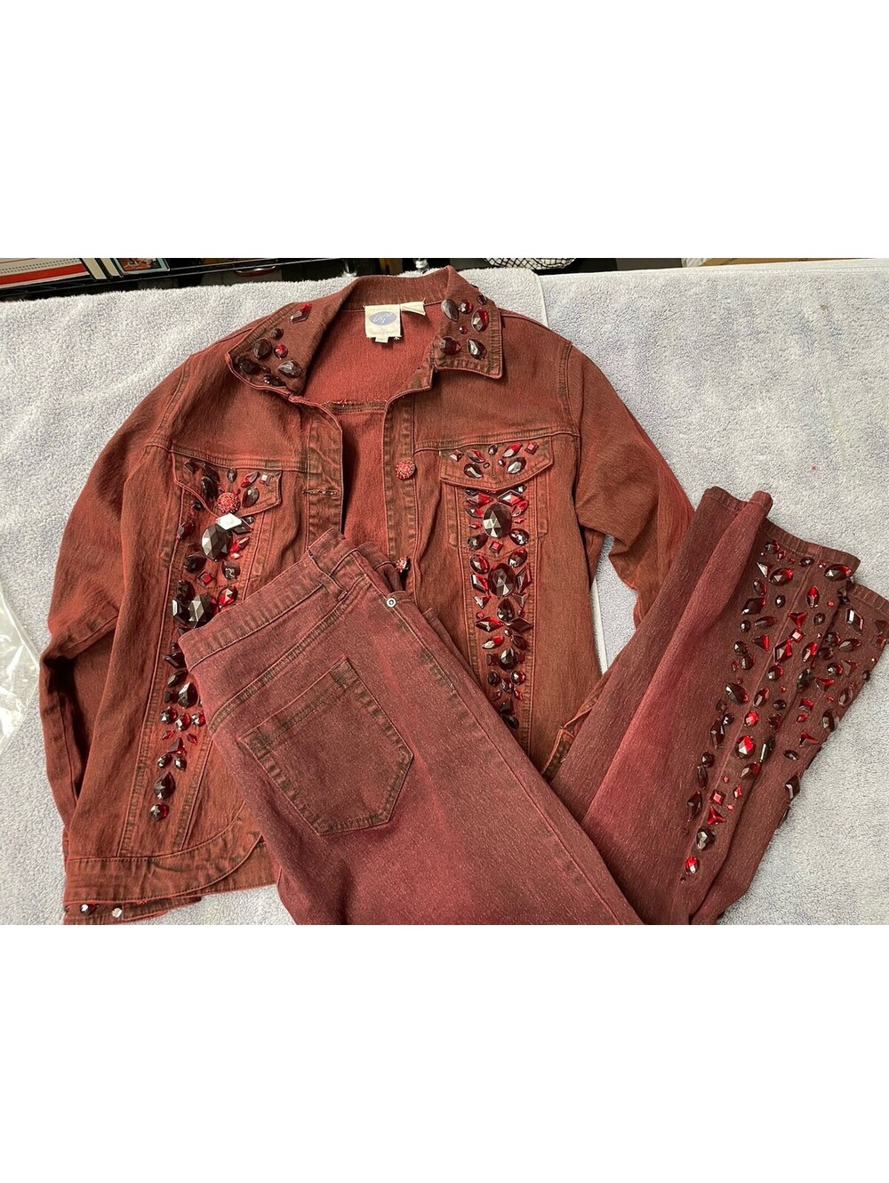 DG2 by Diane Gilman S Women's Embellished Red Washed Denim Jacket & 8p Pants